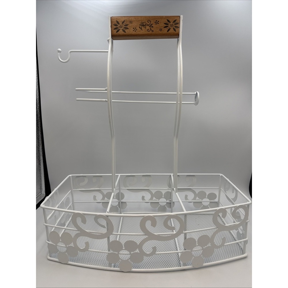 Wire Cooking Caddy White Wooden Handle (QVC?)  16.5"h x 14"w x 7"d‎